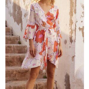 Mister Zimi Colette Wrap Mini Dress Size 8 Pink Camellia 3/4 Sleeve Floral